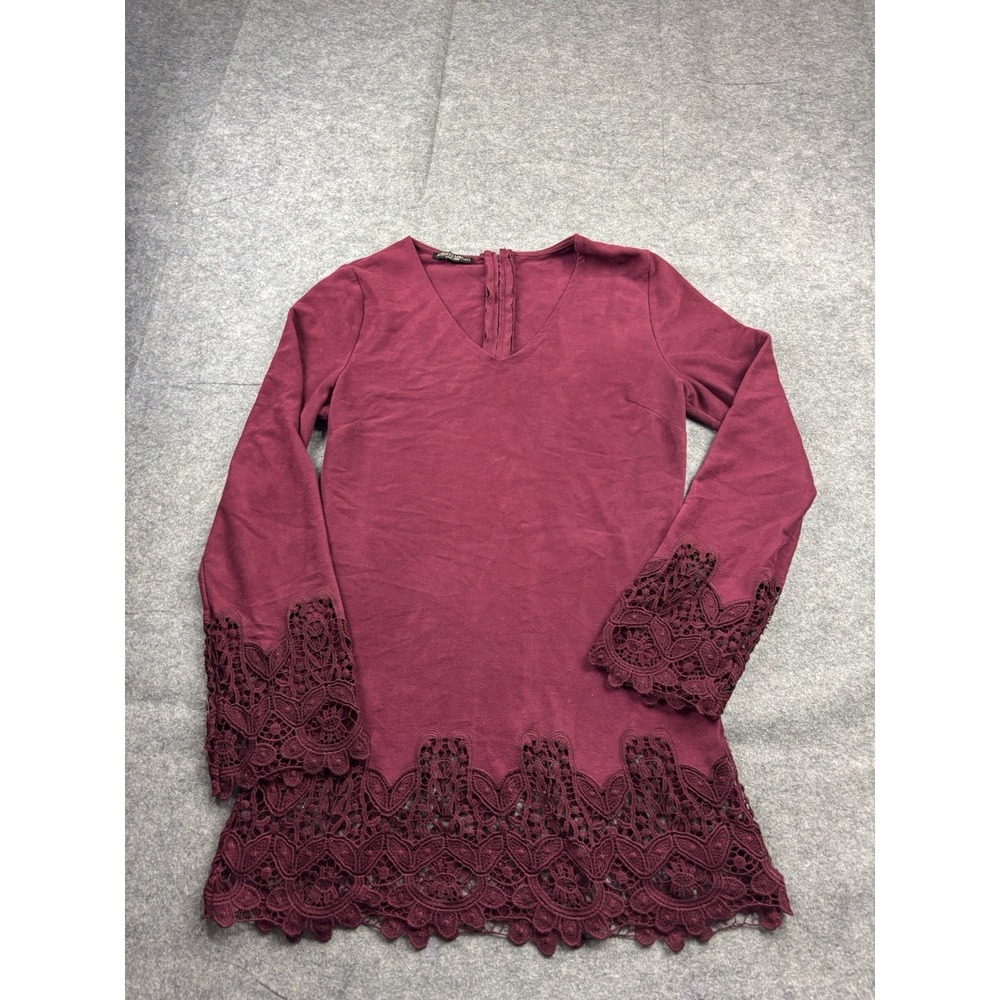 Alberto Makali Womens M Red Lace Faux Suede Tunic Top Bell Sleeves Western Artsy